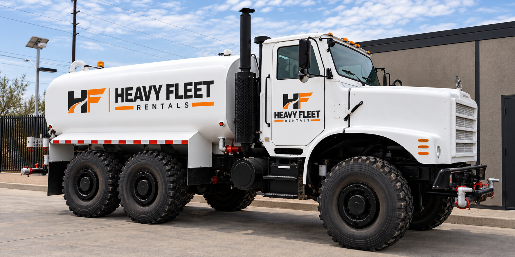 Representative white Heavy Fleet Rentals 4,000-gallon water truck with off-road tires